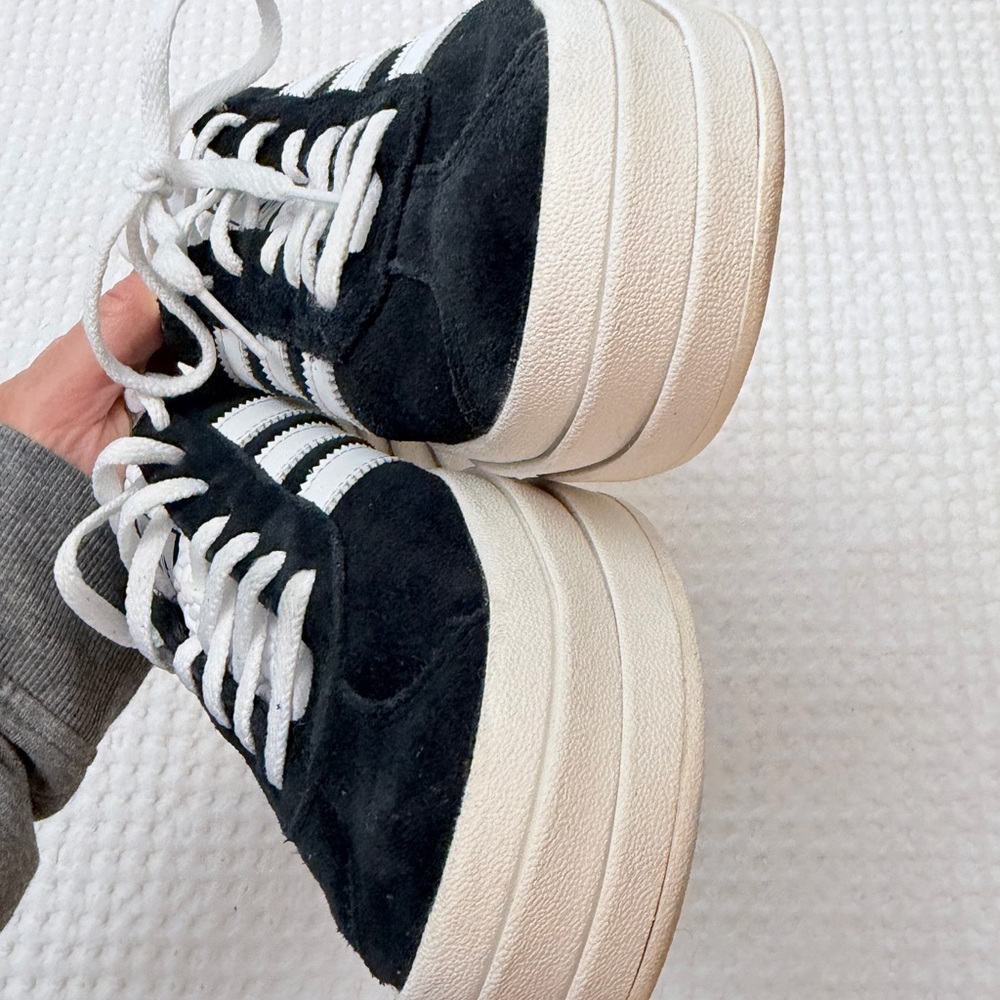Adidas Gazelle Bold Black Suede and Cloud White Women’s Platform Sneakers - Picture 6 of 9